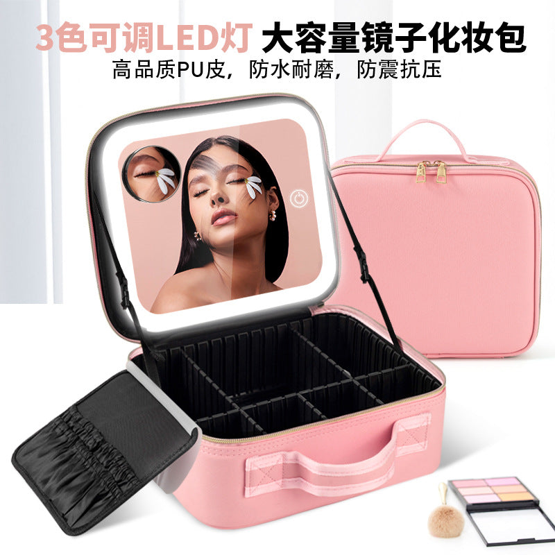 PU Leather Cosmetic Bag With Mirror Large Capacity Makeup Artist Special LED Light Makeup Mirror Multifunctional Storage Bag