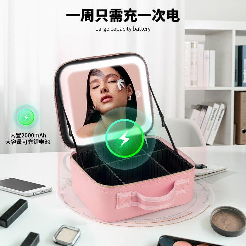 PU Leather Cosmetic Bag With Mirror Large Capacity Makeup Artist Special LED Light Makeup Mirror Multifunctional Storage Bag