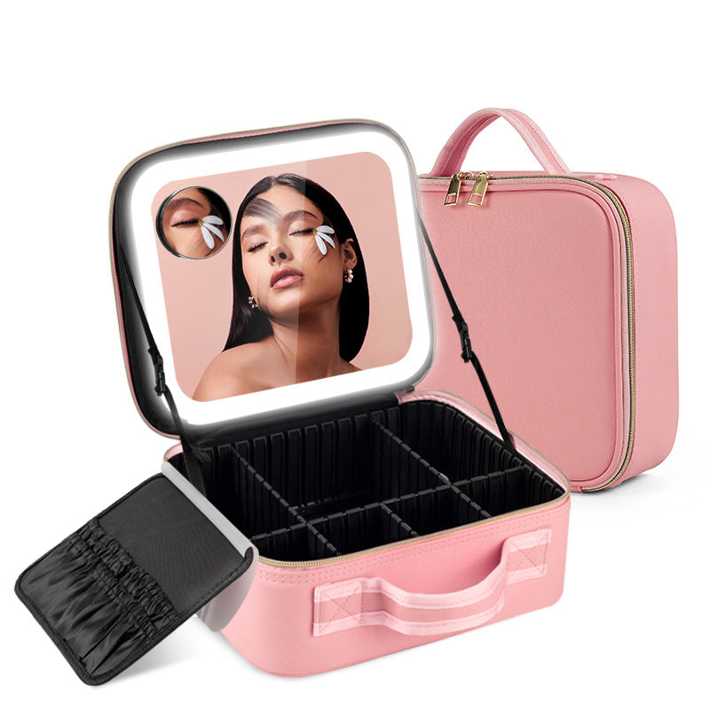 PU Leather Cosmetic Bag With Mirror Large Capacity Makeup Artist Special LED Light Makeup Mirror Multifunctional Storage Bag