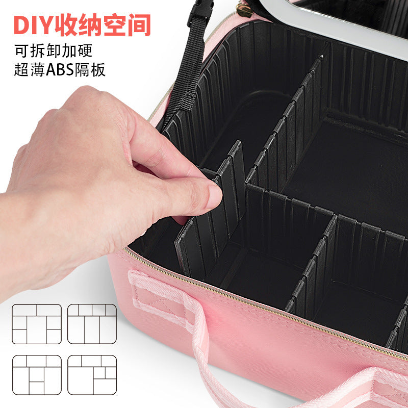 PU Leather Cosmetic Bag With Mirror Large Capacity Makeup Artist Special LED Light Makeup Mirror Multifunctional Storage Bag